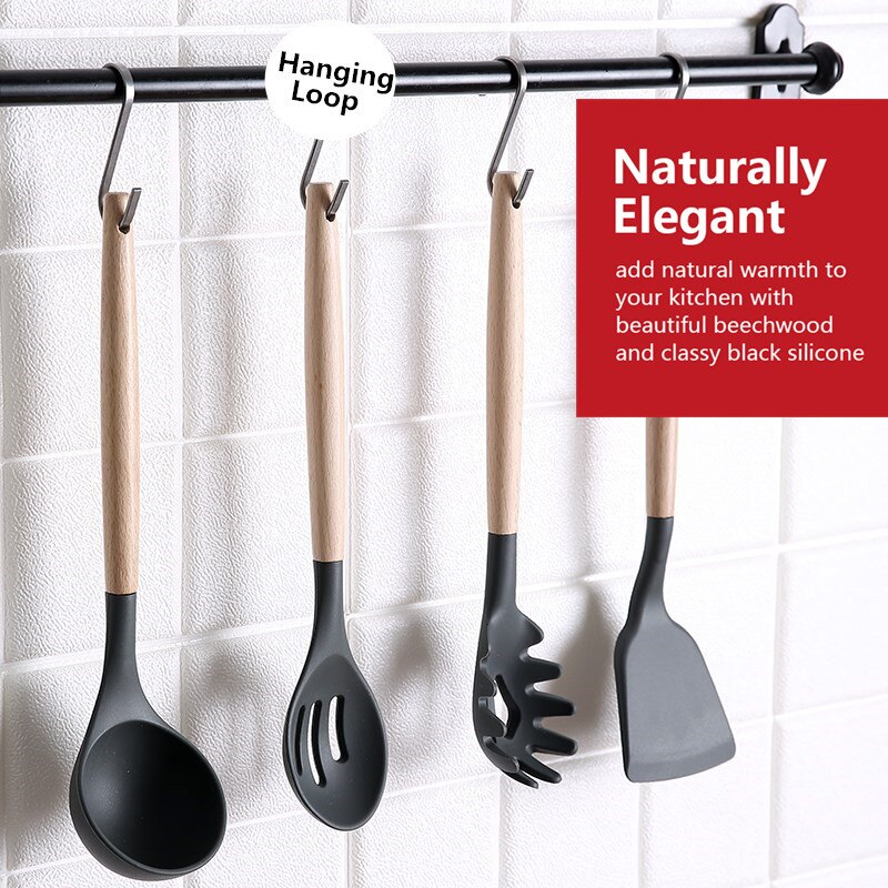 11Pcs Siliconen Koken Tools Keukengerei Houten Handvat Kookgerei Set Accessoires Non-stick Spatel Eiklopper