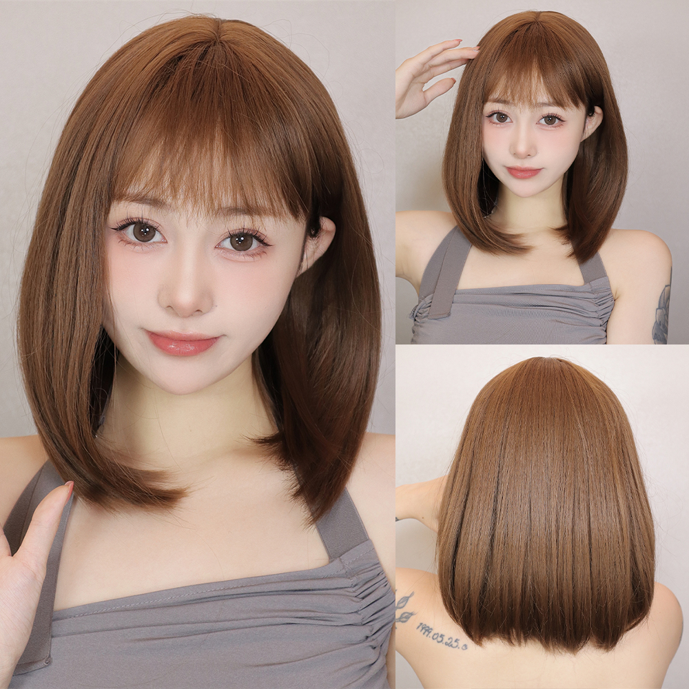 Korte Bob Synthetische Pruiken Zwart Bruin Steil Haar Pruik met Pony Natuurlijke Synthetische Haar Pruik Voor vrouwen Dagelijks Feest Cosplay Gebruik: FS1B/99J