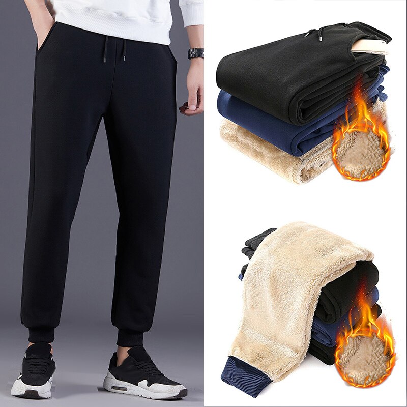 Mænds vinterbukser snor afslappet termisk sport tyk varm solid lomme fitness plus størrelse jogger joggebukser