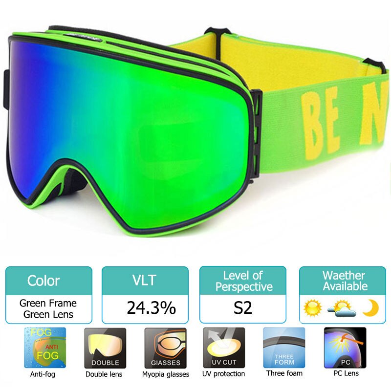 Ski Goggles 2 in 1 with Magnetic Dual-use Lens for Night Skiing Anti-fog UV400 Snowboard Goggles Men Women Ski Glasses: Green