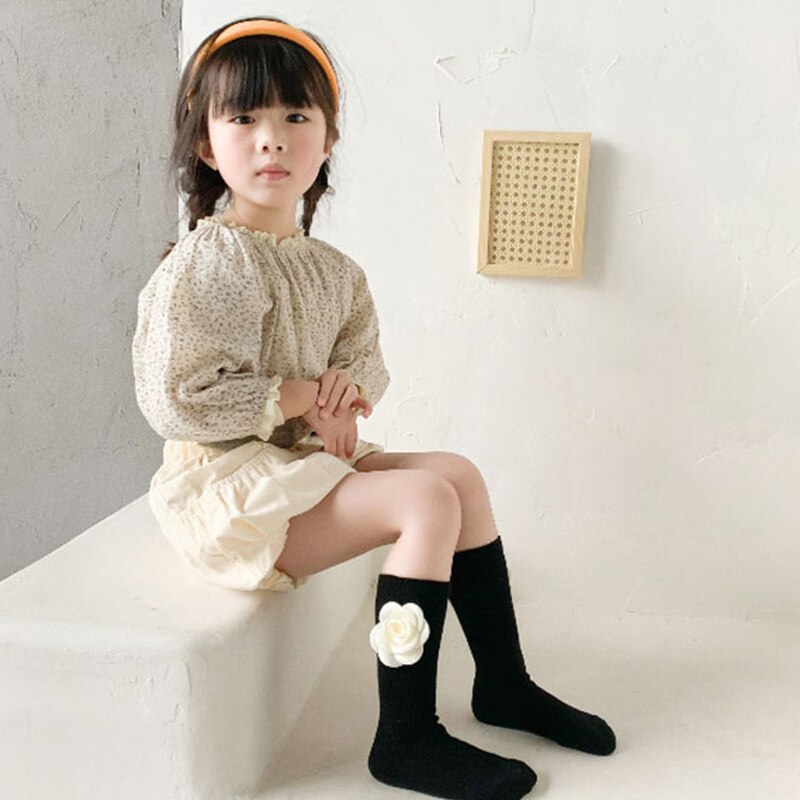 Calzini tubolari a strisce di fiori di moda coreana principessa divertente ginocchio di cotone nero abiti lunghi alti per ragazze roba economica per bambini