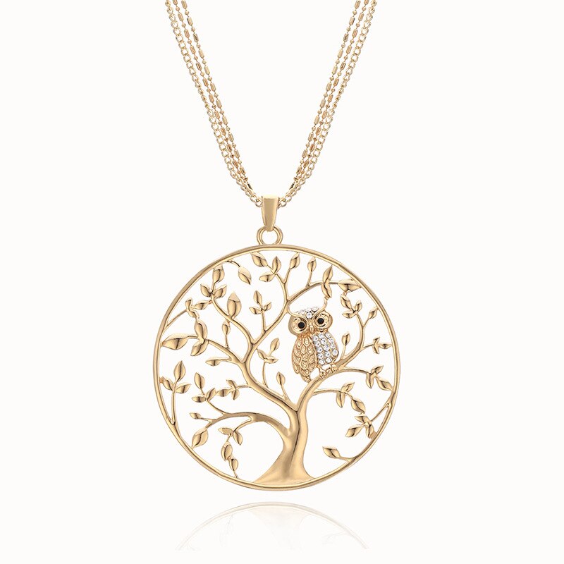 Gold Tree of life Owl Necklace Big Round Pendant Long Chains Sweater Necklace For Women Statement Jewelry Classic Collier: Gold-color