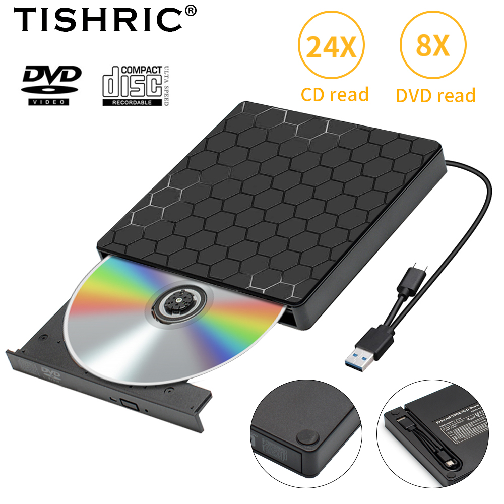 TISHRIC USB Externes DVD-Laufwerk CD-Player Leser DVD-ROM CD-ROM USB3.0/USB2.0/Typ C Externer DVD-Player für PC-Desktop-Computer: Black