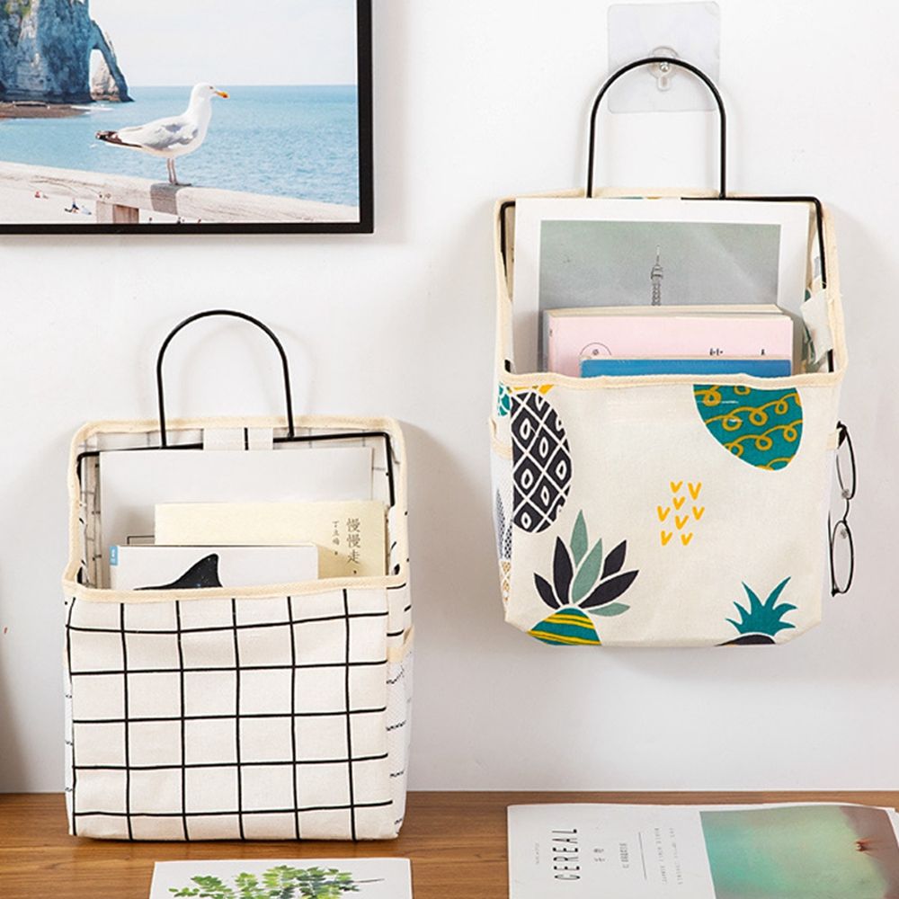 Panier de rangement en lin et coton, tissu imprimé à rayures simples, sac de rangement mural suspendu à la maison ou au bureau avec crochet