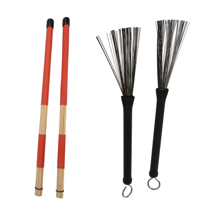 1 Pair 40CM Bamboo Rod Drum Brushes Sticks for Jazz Folk Music (Red) & 1 Pair Wire Retractable Loop End Drum Brushes for Jazz Dr