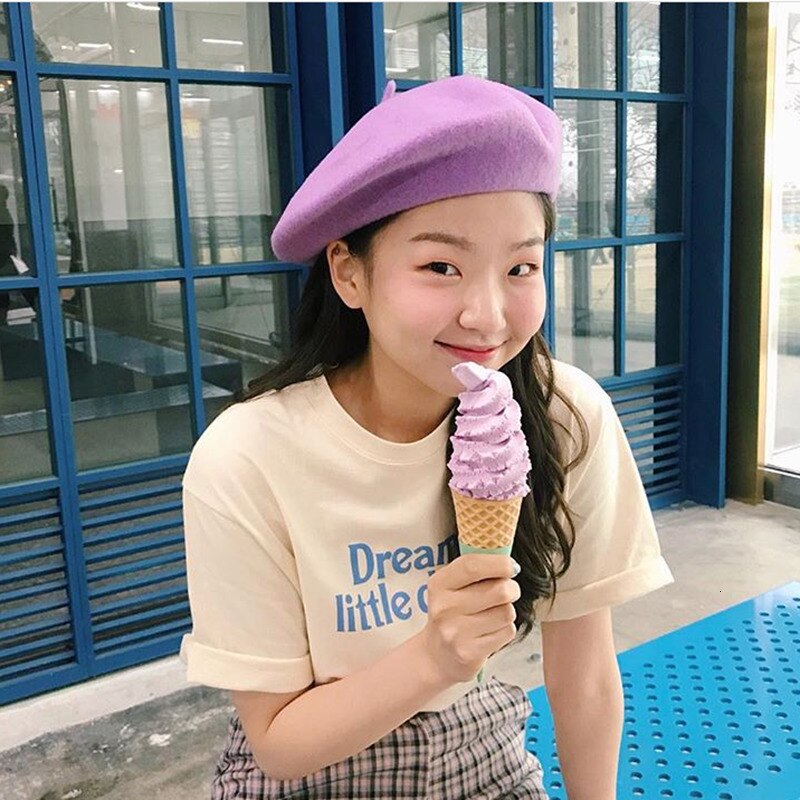 Winter Goedkope Effen Kleur Baret Caps Vrouwelijke Motorkap Vrouwen Caps Vrouwelijke Schilder Alle Matched Warm Walking Baret Paars Baret