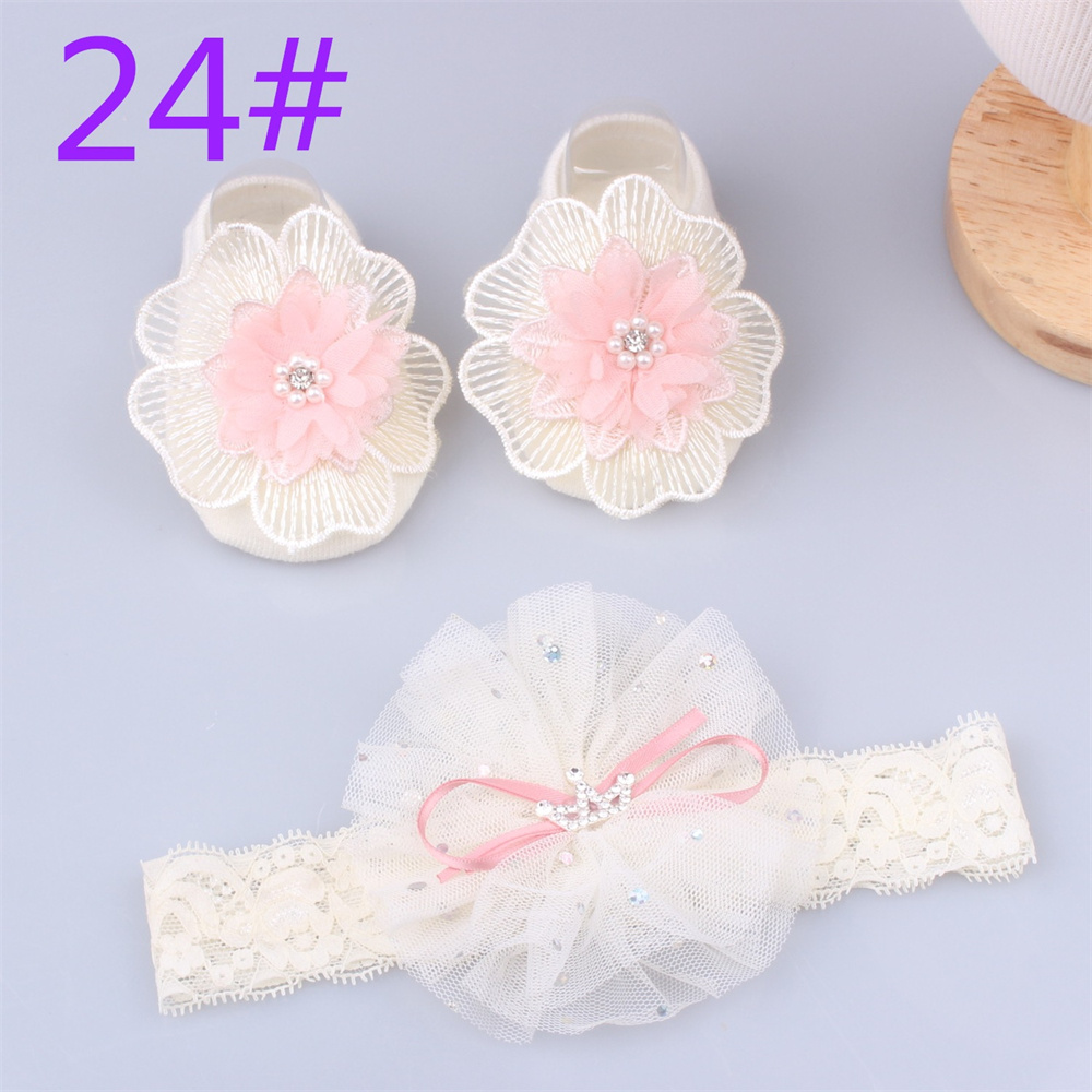 Leuke Baby Floor Sokken Antislip Ademend Voor Kind Meisjes Baby Peuter Sokken Met Kant Bloem Elastische Haarbanden Sets: 24