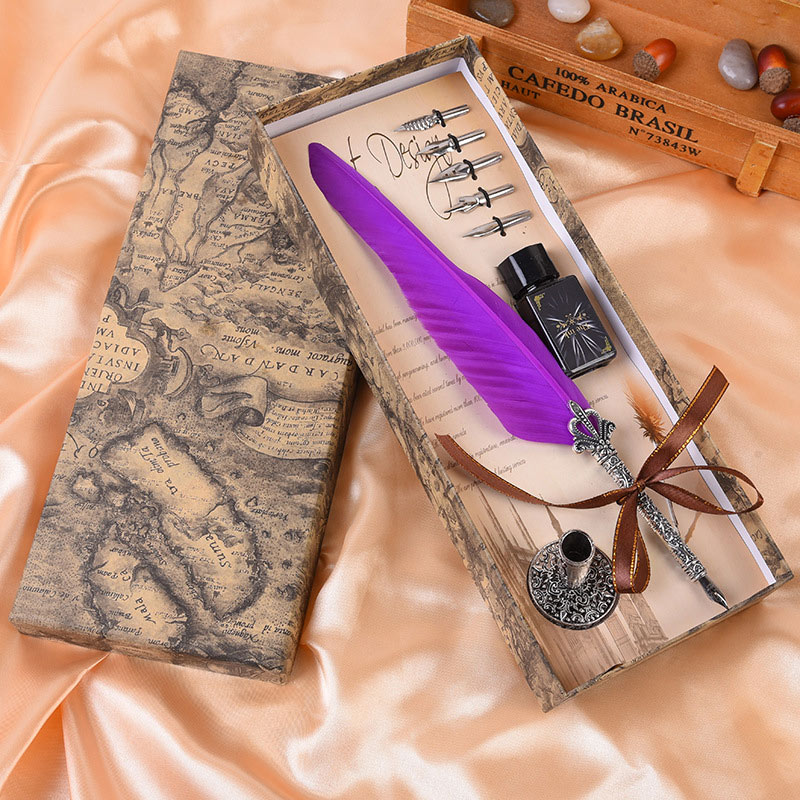 1Set Vintage Kalligrafie Veer Dip Schrijven Pen Inkt Set Briefpapier Box Met 5 Nib Festival Quill Fontein pen: purple