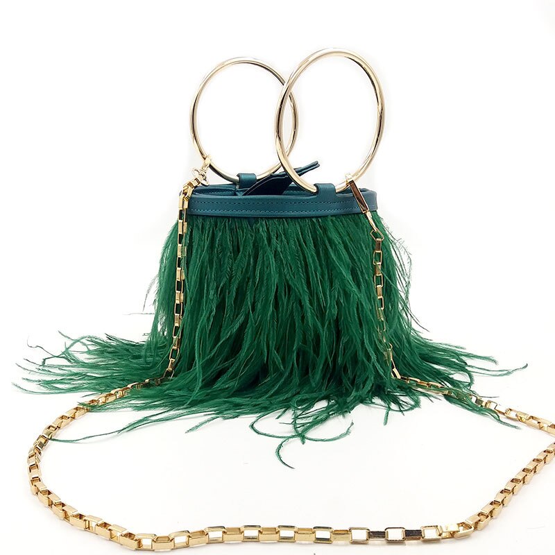 Luxury Ostrich Feather Wedding Purses and Handbags for Women Bucket Tote Pearl Fringe Party Chain Shoulder Bag: Green