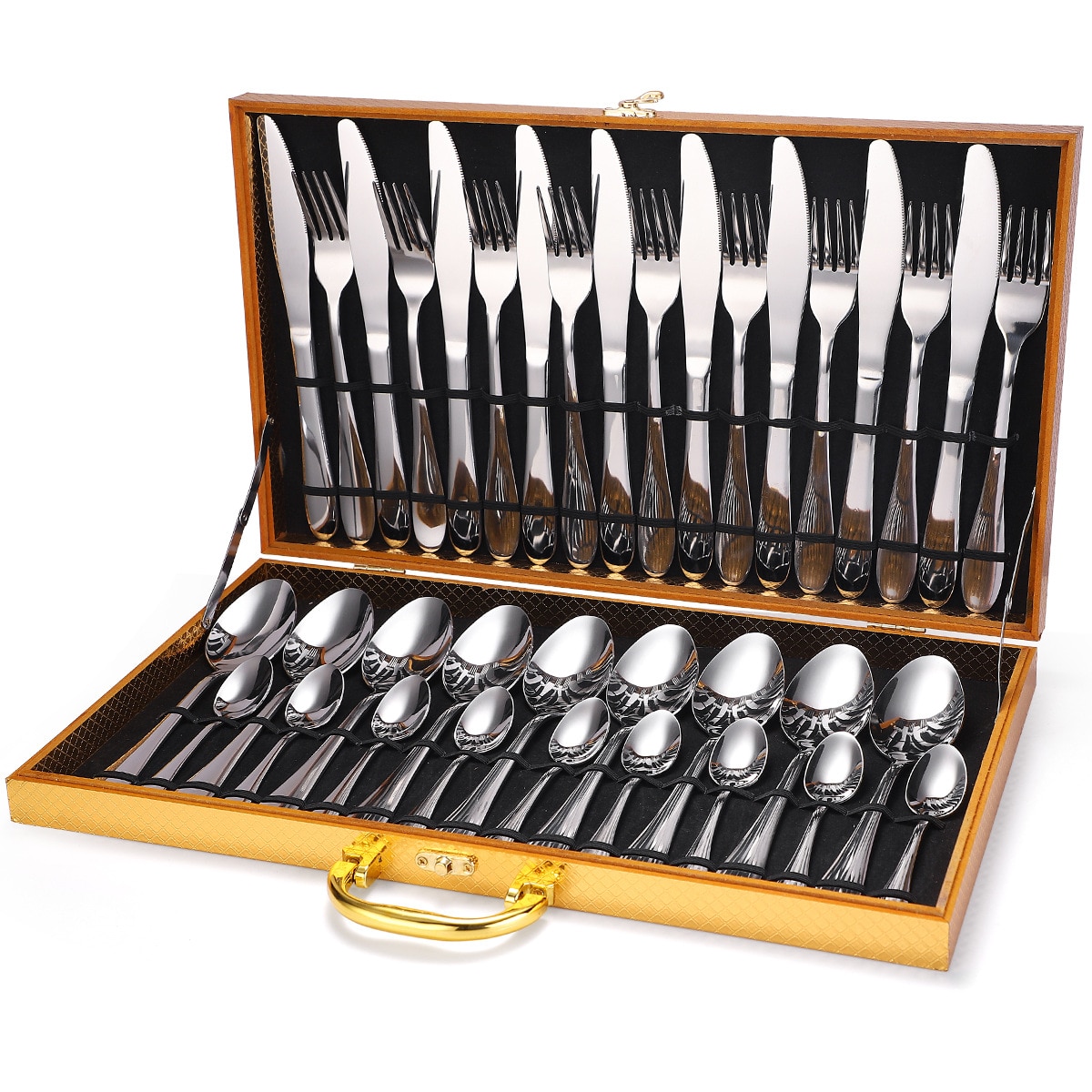 36-Piece Set Stainless Steel Cutlery Box. Cutlery dishes and plates sets forks knives spoons rose gold flatware: Silver