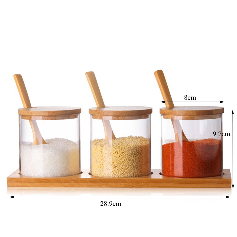 Spice Jars Kitchen Transparent Condiment Salt Pepper Storage Containers with Wood Spoon Bamboo Lid Sugar Coffee Seasoning Bottle: 1set