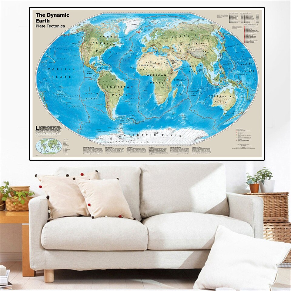 225*150cm The World Dynamic Plate Tectonics Map Large Wall Art Poster Vinyl Canvas Painting Home Decor Kids School Supplies