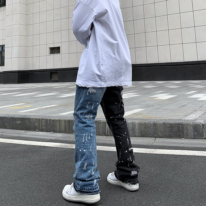 IEFB Color Block Hole Washed High Street Jeans For Men Straight Frayed Casual Denim Pants Harajuku Baggy Oversize Trousers Y5231