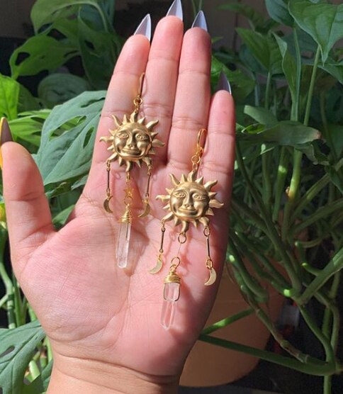 Pendientes colgantes chapados en oro, Sol Celestial, luna, estrella, joyería Boho, Luna, Sol, Planeta, Galaxia, Idea de para ella: style 3