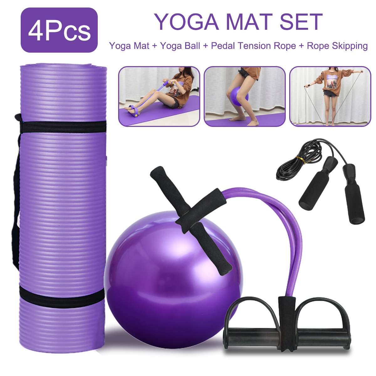 4 Stuks Sport Fitness Yoga Bal Set Omvat 25M Fitball Pilates Balans Gym Oefening Yoga Bal 10Mm Yoga mat Pedaal Ttension Touw
