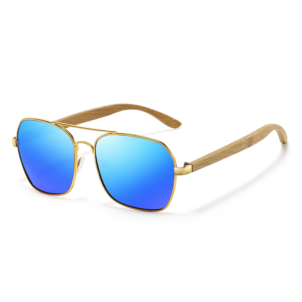 GM Gafas de sol cuadradas metálicas retro de para mujeres y hombres marcas de de lujo gafas de sol de bambú y madera de conducción populares: Azul