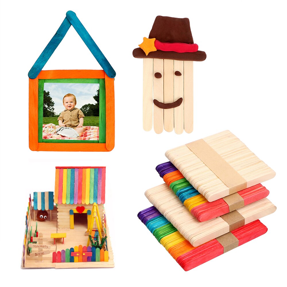 HOOMIN 50Pcs/Lot Natural Wood Ice Cream Sticks Kids DIY Hand Crafts Colored Wooden Popsicle Sticks Art Ice Cream Tools