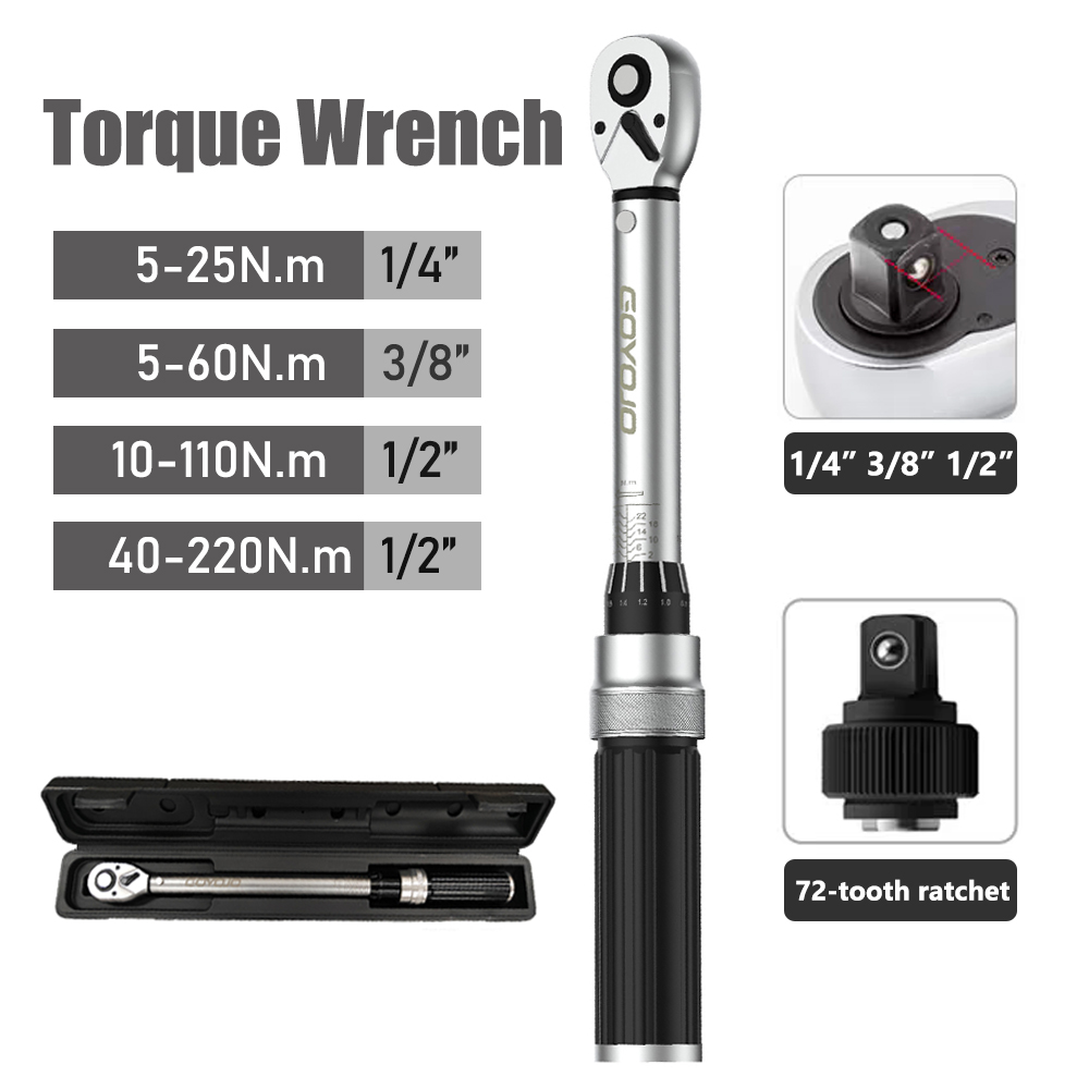 1/4 Zoll 3/8 Zoll 1/2 Zoll Drehmomentschlüssel mit Vierkantantrieb, 40–220 Nm, Genauigkeit 3 %, Fahrrad-Autoreparatur, Handwerkzeuge, Schraubenschlüssel, 5–60 Nm, Zwei-Wege-Ratschenschlüssel