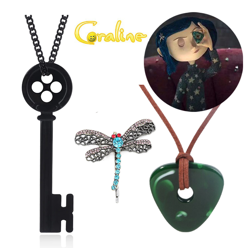 Film Coraline Halskette Grüner Sichtstein Anhänger Halskette Seilkette Schwarzes Skelett Schlüsselhalsband Libelle Haarnadel Schmuck