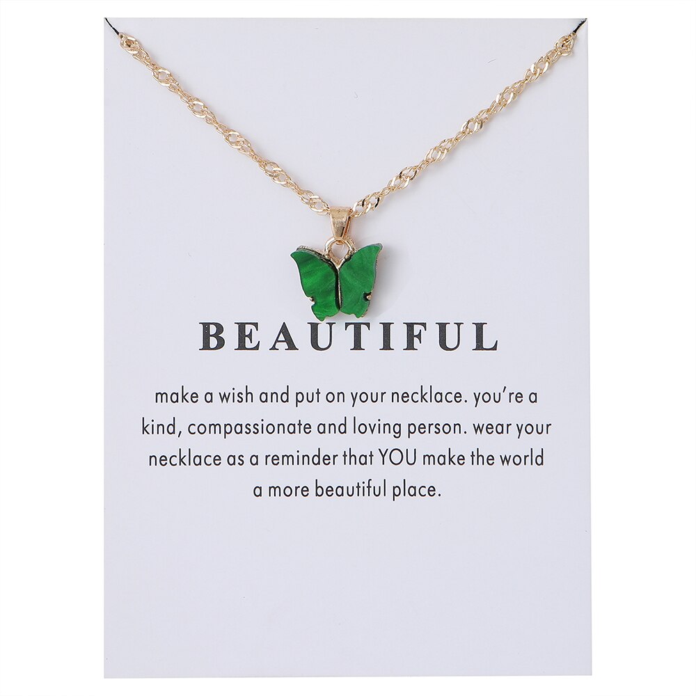 Cute Butterfly Pendant Necklace for Women Jewelry: white card green