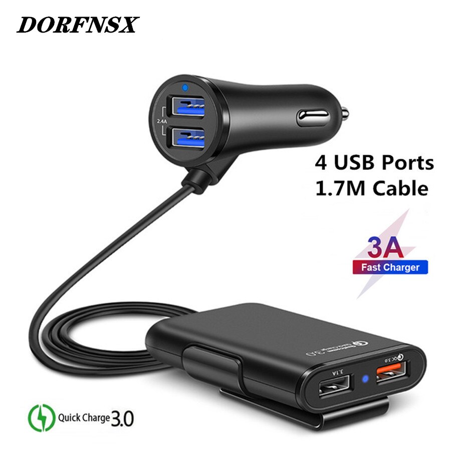 4 Usb-poort Auto-oplader Quick Charge 3.0 Auto-Oplader Met 1.7M Kabel Voor Tablet Smartphone Iphone X 8 7 Qc 3.0 Uitbreiding Adapter