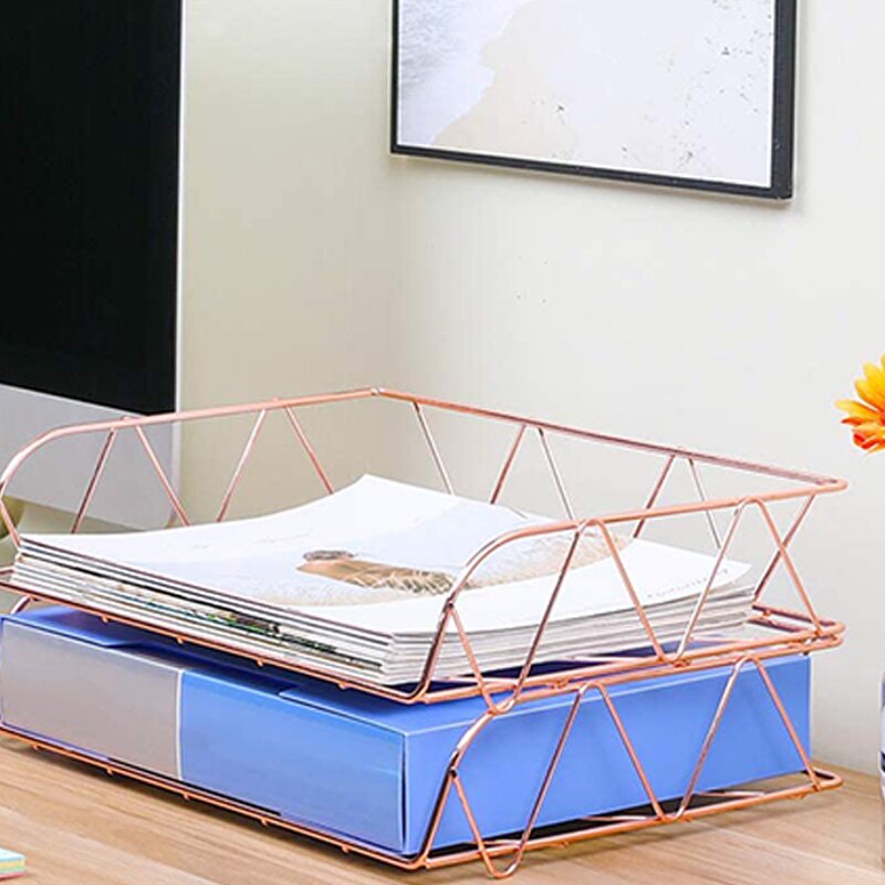 2 Packs Stackable Horizontal Metal File Letter Trays Organizer for Desk Home Office, Rose Gold