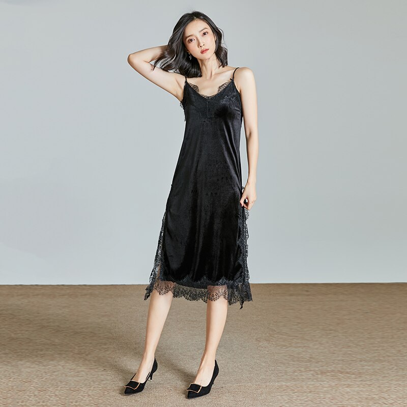 Long Full Slips Spaghetti X-Long Slip Green Black Color Velvet Underdress V-neck Lace Patchwork Comfortable Clothing for Women