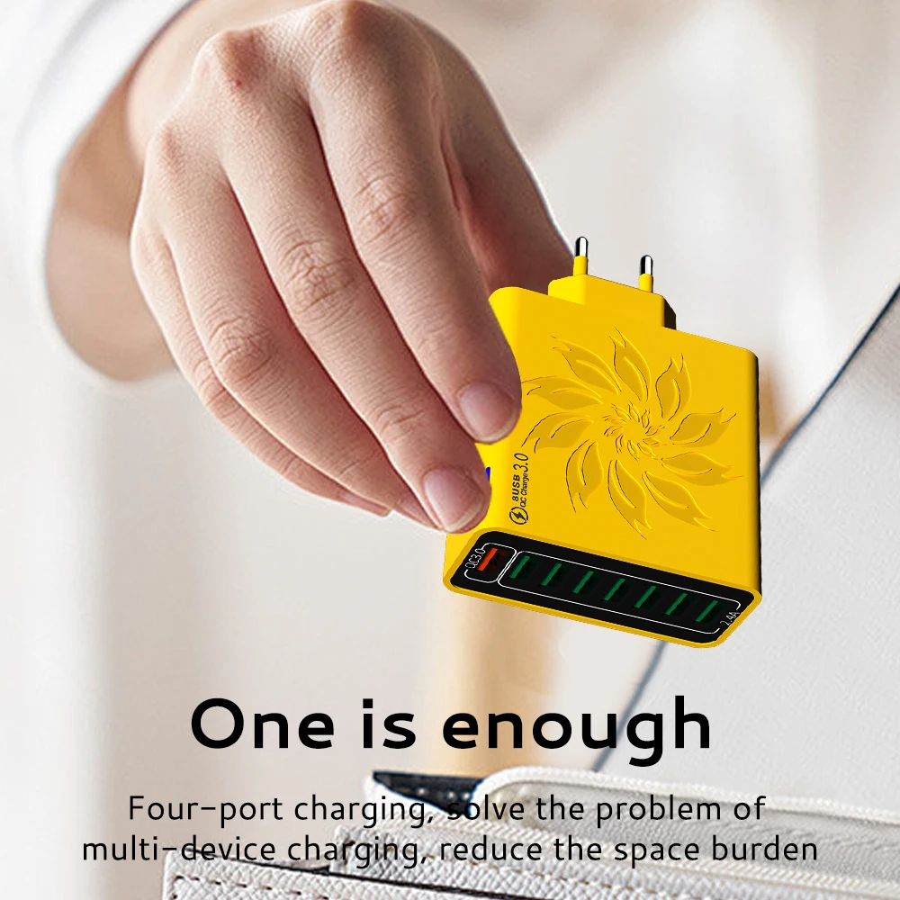 65W Huishoudelijke 8 Poorten USB-oplader met datakabel voor meerdere apparaten USB Snel opladen Muuradapter Quick Charge 3.0 Oplader