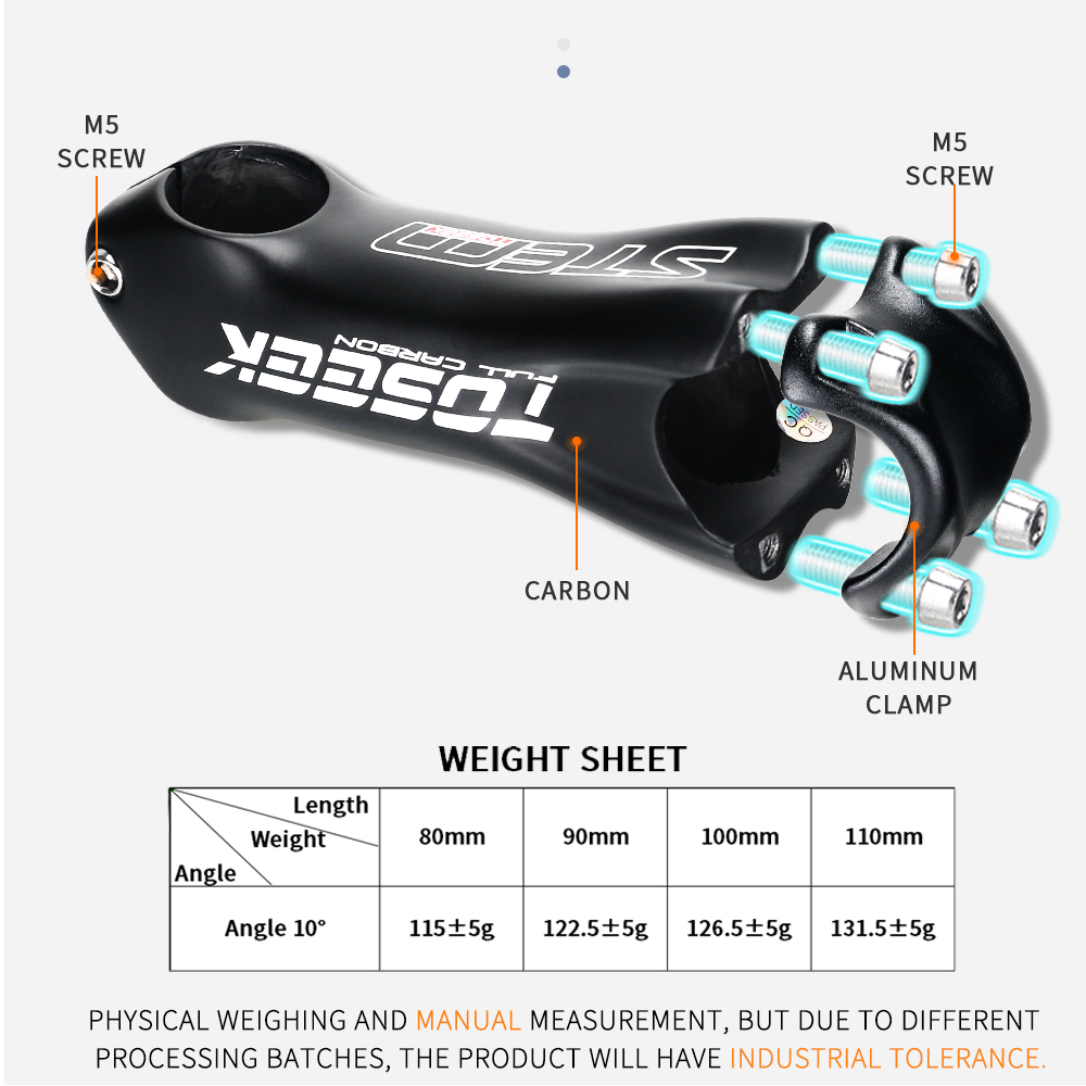 Toseek Stuurpen Stuur 31.8Mm Full Carbon Fiber Fietsen Mtb Road Fiets Stuurpen Mountain Hoek 10 Graden 80/90/100/110Mm