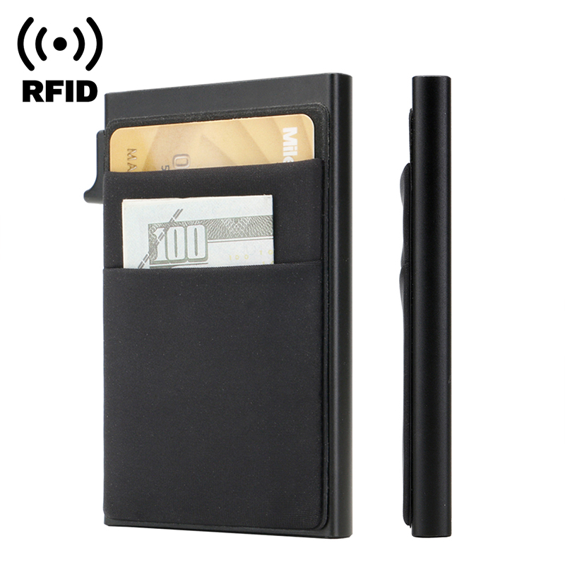 Rfid-luottokorttikotelo, ohut metallinen lompakko, miesten ja naisten ponnahdusikkuna, minimalistinen lompakko, pieni musta käsilaukku, metallinen lompakko
