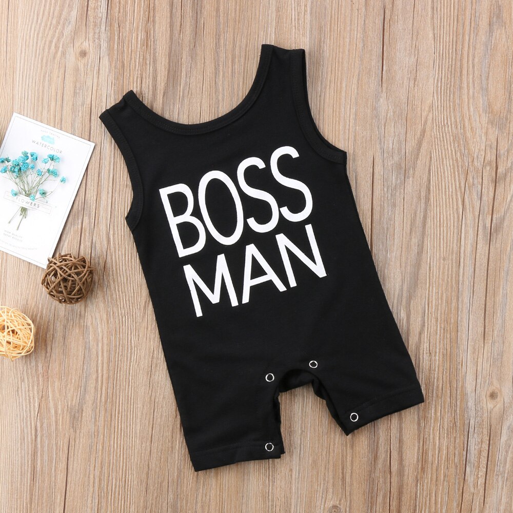 Pelele sin mangas con estampado de Boss Man para recién nacidos, mono negro, ropa, atuendo, 0 a 24 meses
