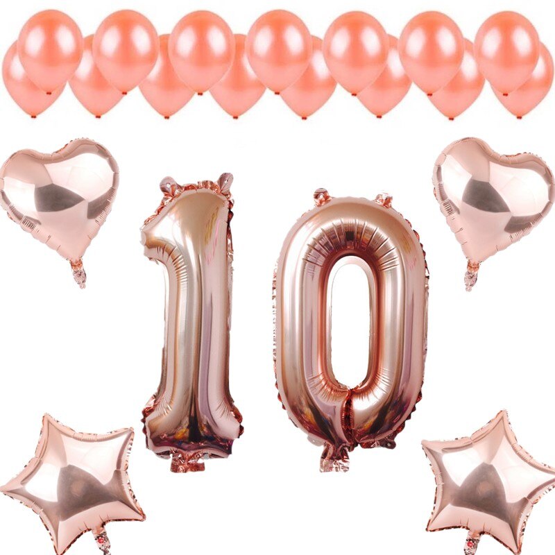 21pcs Rose Gold Number 10-90 Foil Balloons Star Heart Balloon Latex Ballon Set DIY Wedding Anniversary Birthday Party Decoration