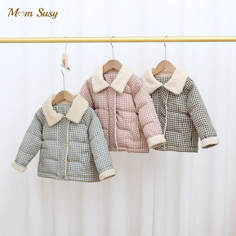 Chaqueta de plumón a cuadros para niño y niña, abrigo grueso con cuello de lana, traje de invierno cálido para la nieve, ropa para bebé de 2 a 10 años