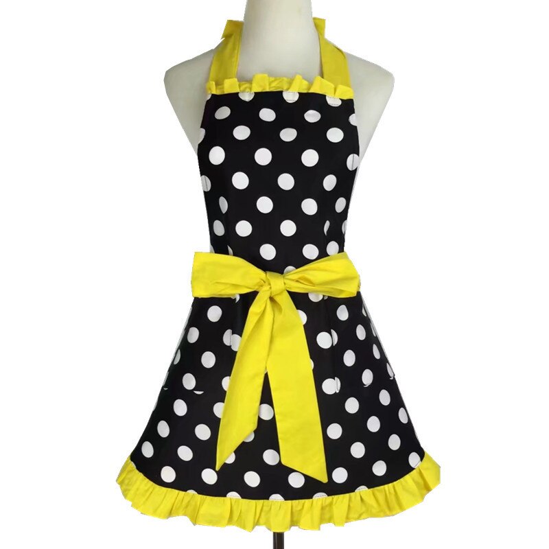 Retro forklæde til kvinder super sød og sjov sløjfe med lomme justerbar bomuld polka prikker sarte hemline madlavningsforklæder: Gul