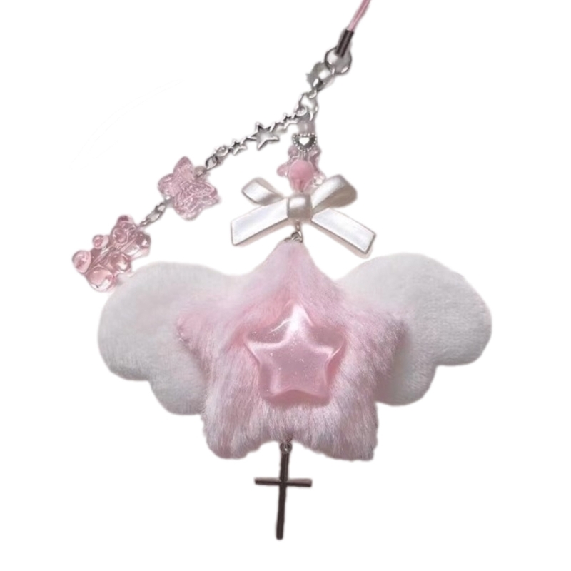 Chaveiro artesanal com pingente asa anjo, corrente telefone com laço doce legal, cordão telefone, bolsa: Azul