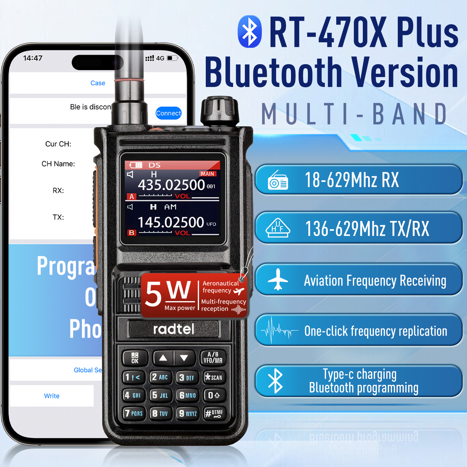Radtel RT-470X Plus Bluetooth Ham Walkie-Talkies 256CH Air Band Dwukierunkowa stacja radiowa Lotnictwo NOAA Police Marine Transceiver