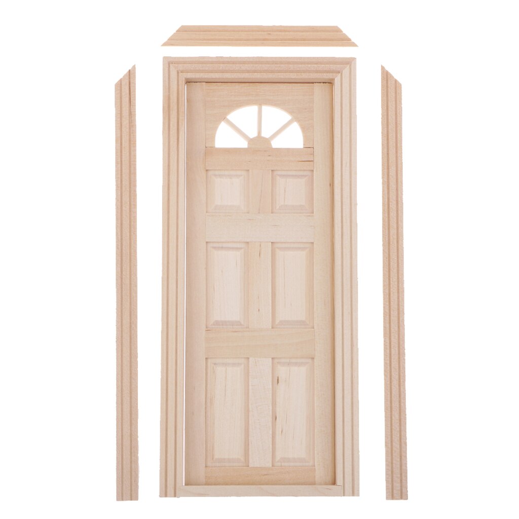 1/12 poppenhuis miniatuur natuurlijke afwerking houten voorraamdeur met /6- panelen