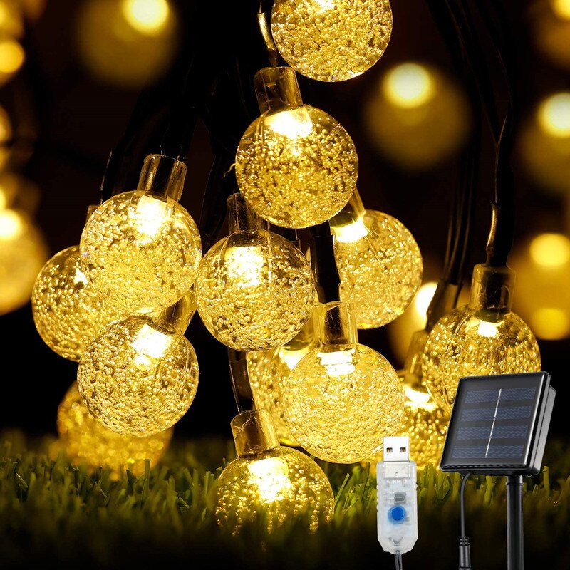 Guirlande solaire 50led 7.5M, 2 types d&#39;alimentation, féerique, boule de cristal, décoration de maison, noël, mariage