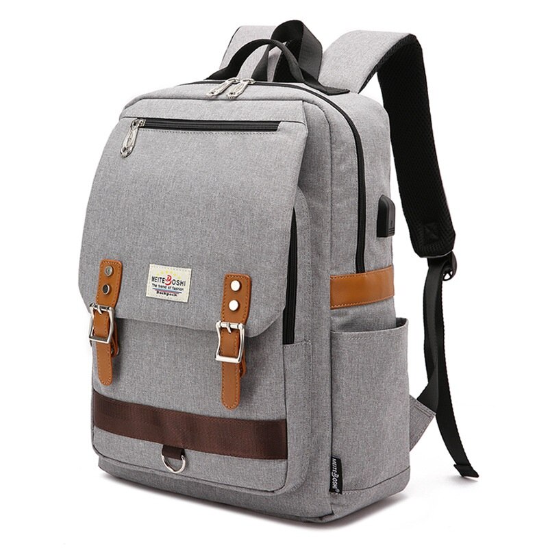 Vintage Laptop Backpack with USB Charging Port, Water Resistant Travelling Backpack Casual Daypacks School Shoulder Bag: Gray