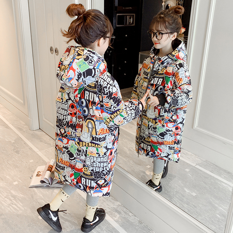 Mädchen Baumwolle Gefütterte Jacke Winter freundlicher doppelt Seite Tragen Lange Verdickt Mäntel freundlicher Mit Kapuze Graffiti Parkas Outwear