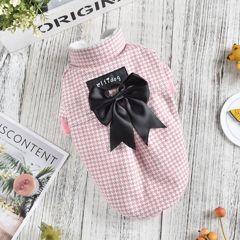 Ropa de pata de gallo para perros pequeños, con lazo negro grande, vestidos de lujo para mascotas, chaqueta, Atuendo para otoño e invierno, accesorio para gatos: Pink / L