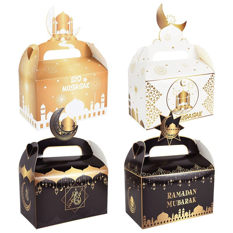 Sac à bonbons Eid Mubarak 4 pièces, boîte avec poignée, boîtes d&#39;emballage en papier pour Eid al-fitr, fournitures pour fête musulmane islamique