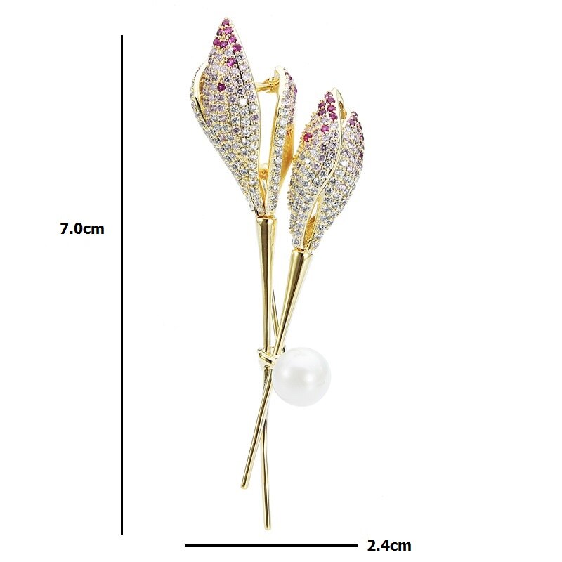 Wuli & baby Luxus Cubic Zirkon Tulpe Blume Broschen Für Frauen Perle Rosa Blume Hochzeiten Party Büro Brosche Pins