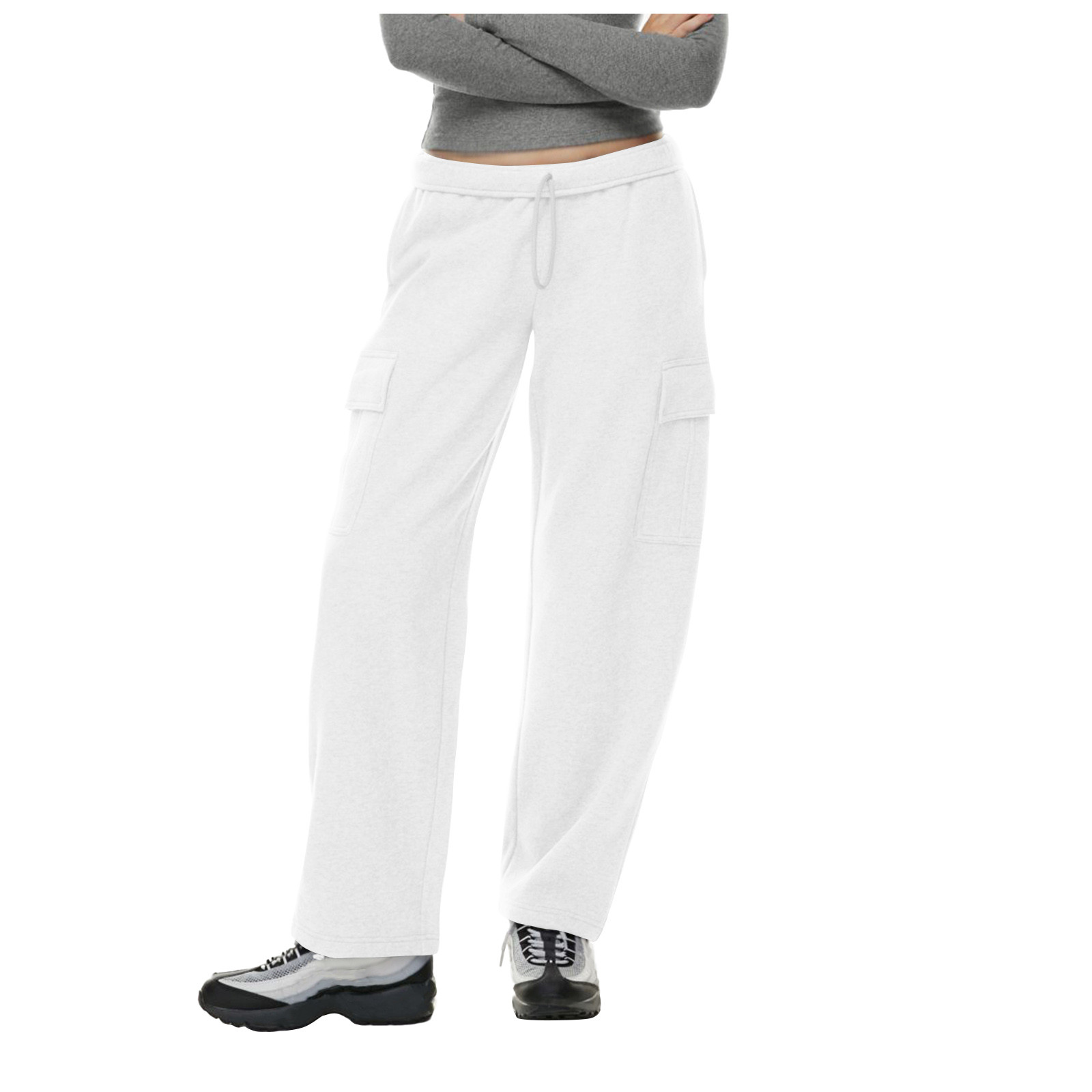 Dame joggingbukser med lige ben, løse, baggy bukser, højtaljede joggingbukser med lommer: Xl / Hvid