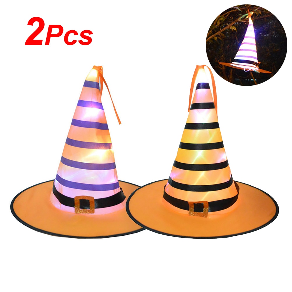 2 stuks halloween heksenhoeden met led-licht, gloeiende heksenmutsen, hangende halloween decoratie, heksenhoeden voor volwassenen en kinderen.: Default Title