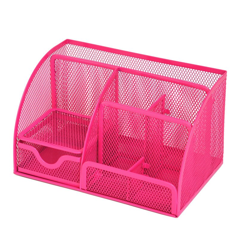 Metal Color Desk Organizer Combination Mesh Desktop Pencil Pen Badge Holder Storage Box Stationery Ruler Office School Supplies: Pink