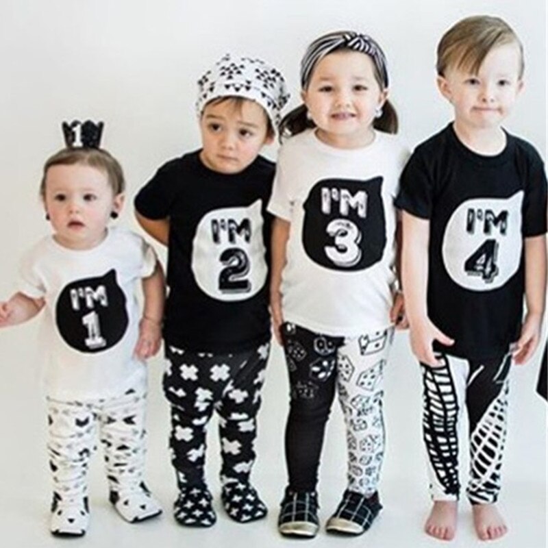 Baby T-shirt Jungen Mädchen Kurzarm T Shirts Anzahl 1 2 3 4 Print Kid Tops Schwarz Weiß Tops Kind shirts Kleidung Baby Kleidung