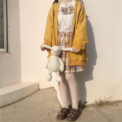 Uniforme escolar Kawaii Girl JK, blusa con cuello de muñeca Falbala de manga larga, falda escocesa plisada con lazo, cárdigan holgado con capucha