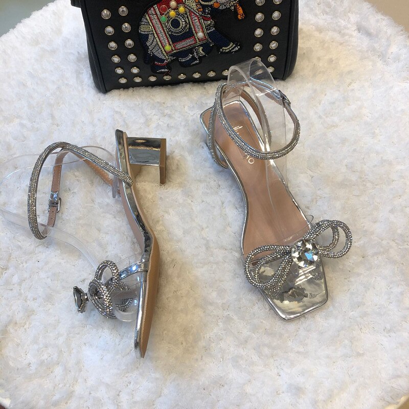 Strass hoge hakken dames dames temperament fee stijl hoge hakken dunne hak kruis wikkel strik sandalen: Suqare hiel 4cm / 9