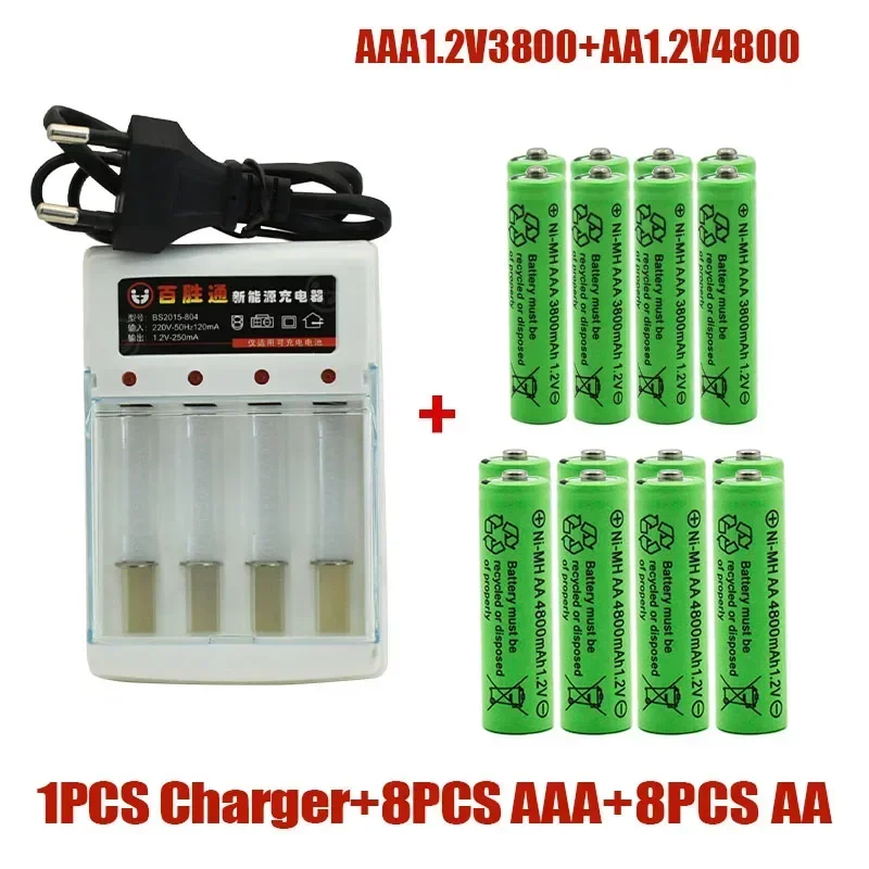AA+AAA Rechargeable Battery, AA1.2v, 3800mAh, AAA 1.2v 483000mAh Suitable for Remote Control, Toys, Clocks, Radios, Etc charger: black